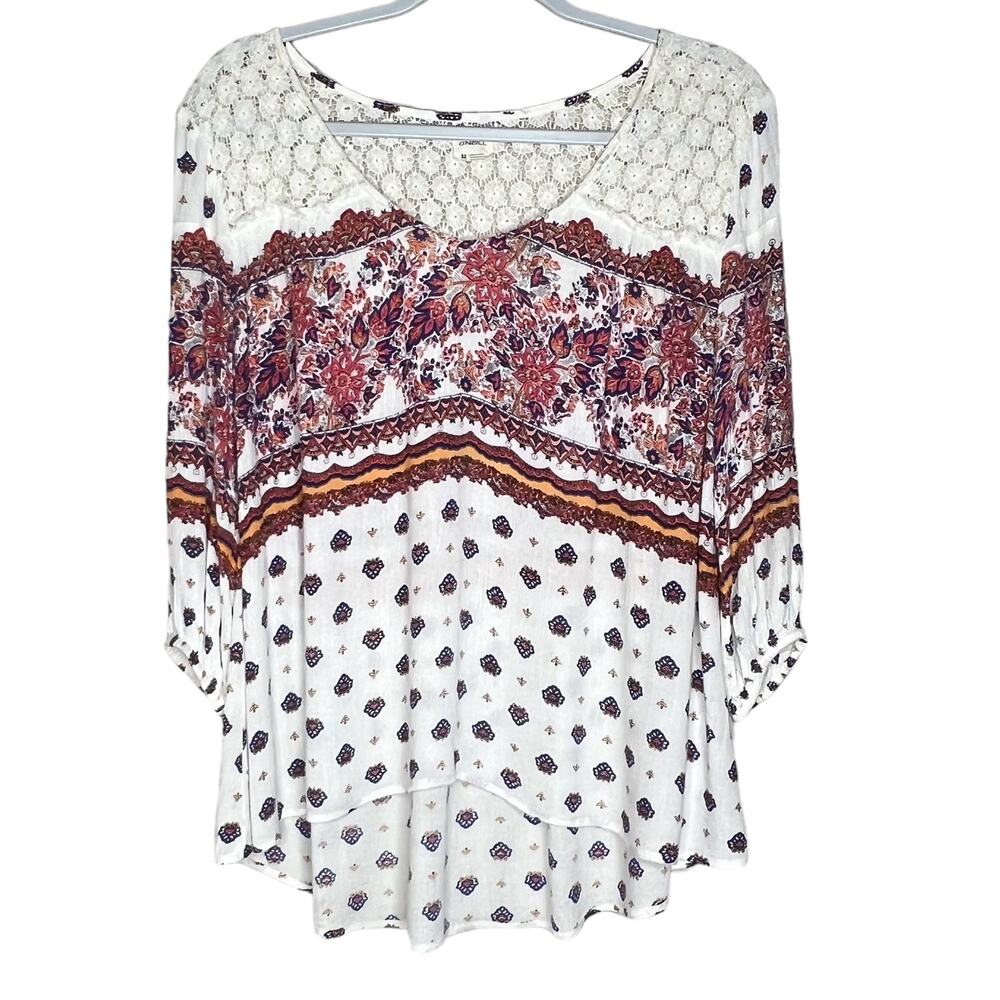 O'Neill Crinkle Marlon Top Size M Lace Crochet Yoke Cream Boho Beachy